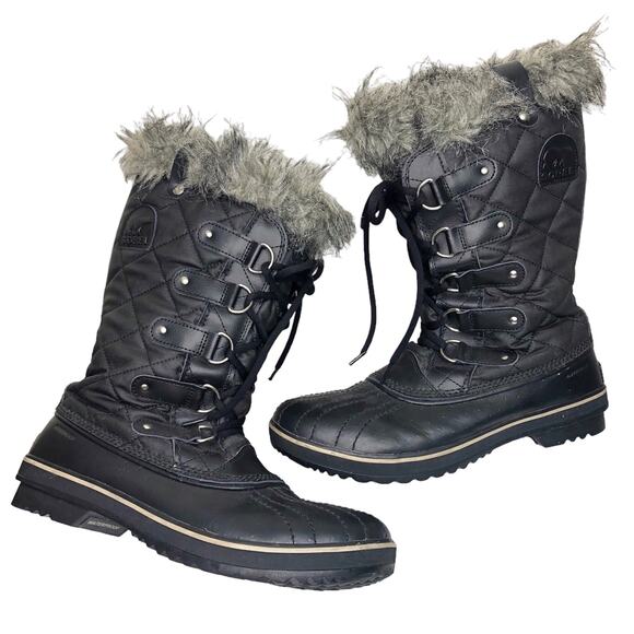 Sorel Winter Boots Tofino Quilted Black Faux Fur Tall Insulated Waterproof 11 - Picture 1 of 9